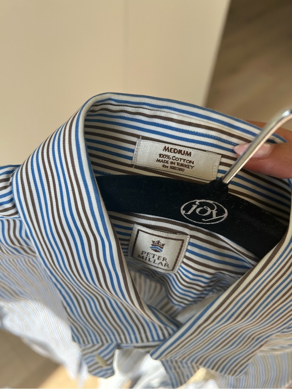 Peter Millar Blue and Brown Vertical Stripe Dress Shirt